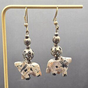 VTG Elephant Dangle Earrings 2.25" Carved Wood & Antique-Style Silver Beads